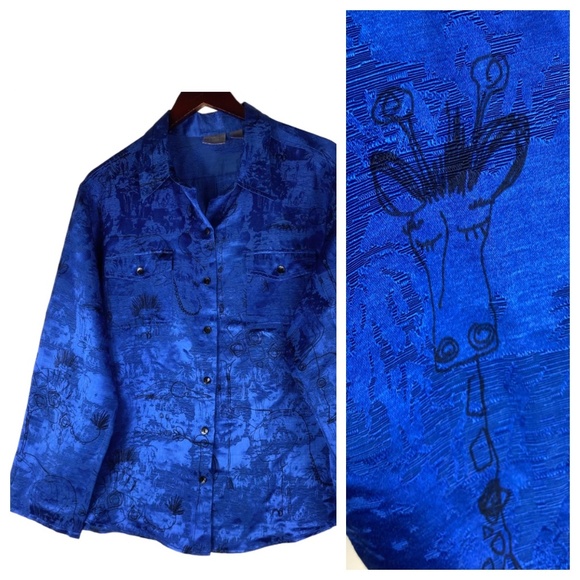 Chicos Sz 3 (XL 1X 16 18) Shirt Top Blouse Silk Linen Blue Safari Animals Jungle - Picture 1 of 7